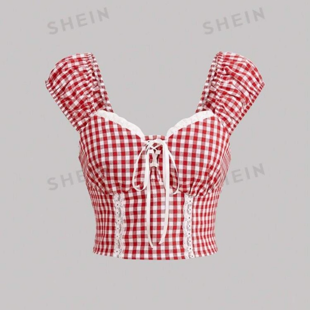 Red Gingham Print Cropped Top